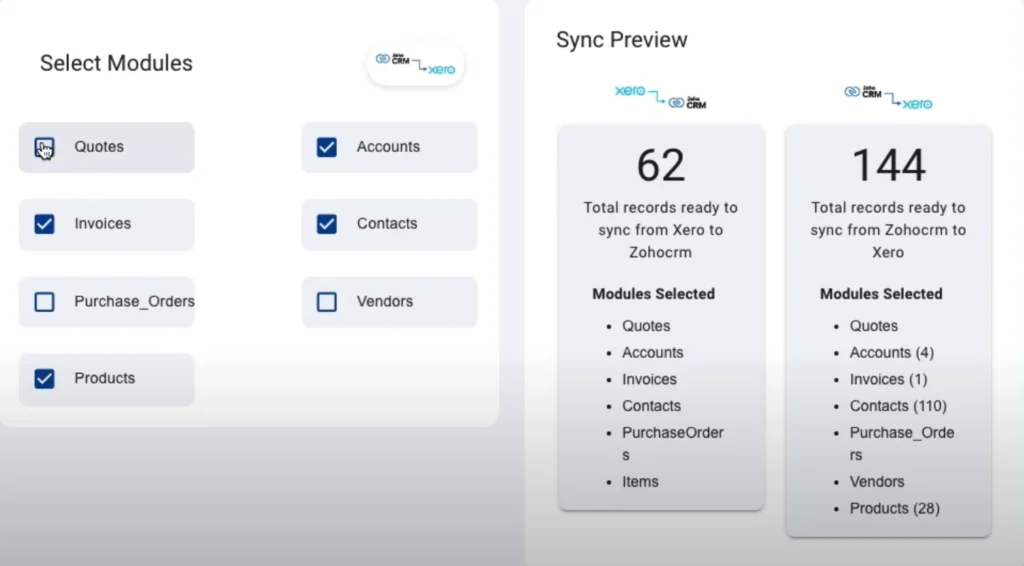 Xero Integration for Zoho CRM 3 xero-zoho-crm-module-selection-sync-preview