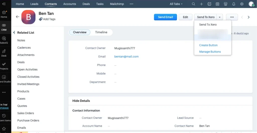 Xero Integration for Zoho CRM 11 zoho-crm-contact-send-to-xero-button
