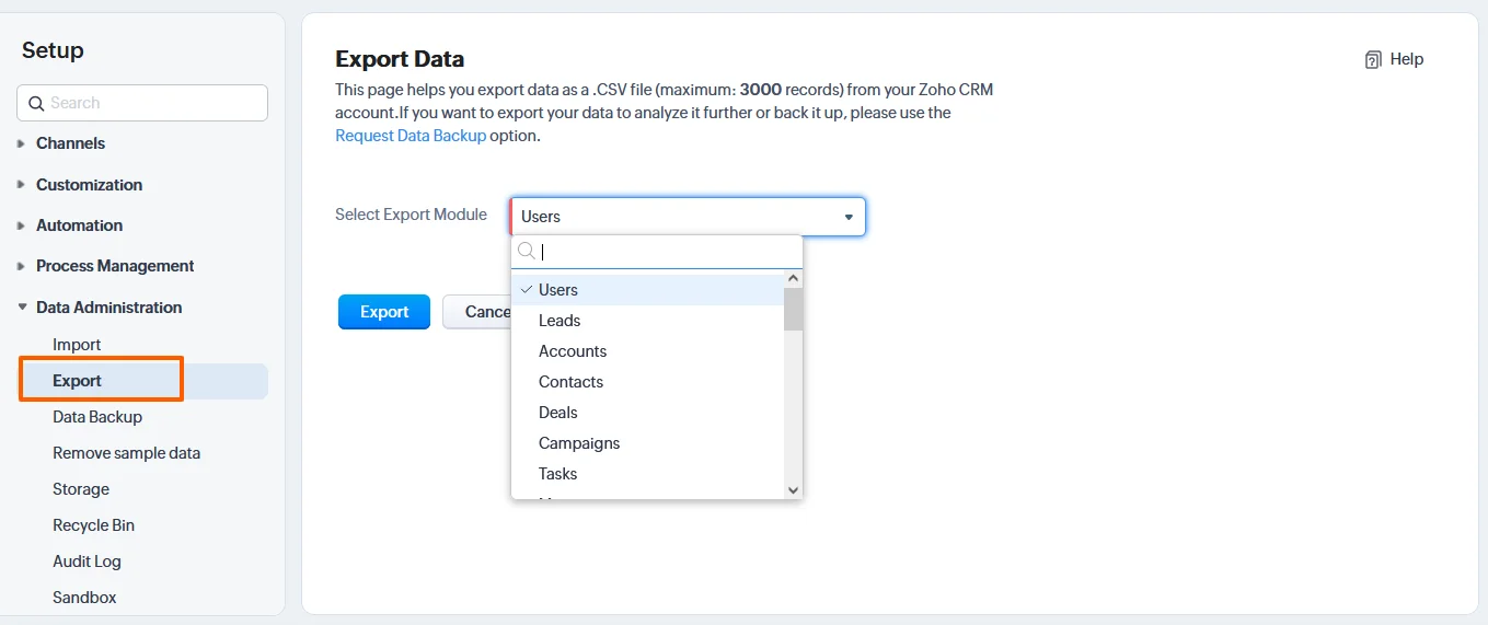 Zoho CRM Admin Guide for Beginners:Everything You Need to Know 11 Zoho-Admin-Guide-Export-data