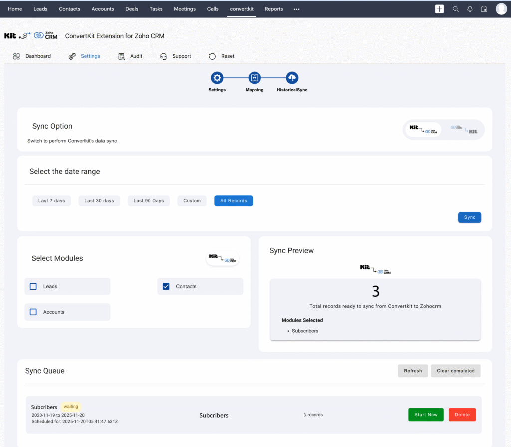 Kit extension for Zoho CRM Historical Sync