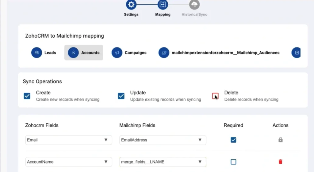 Mailchimp Extension for Zoho CRM - Setup and Synchronization Guide 3 zoho-crm-to-mailchimp-field-mapping-settings