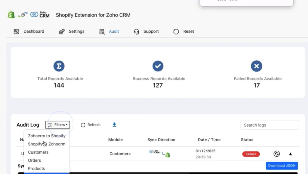 zoho-crm-shopify-audit-log-filters-dashboard