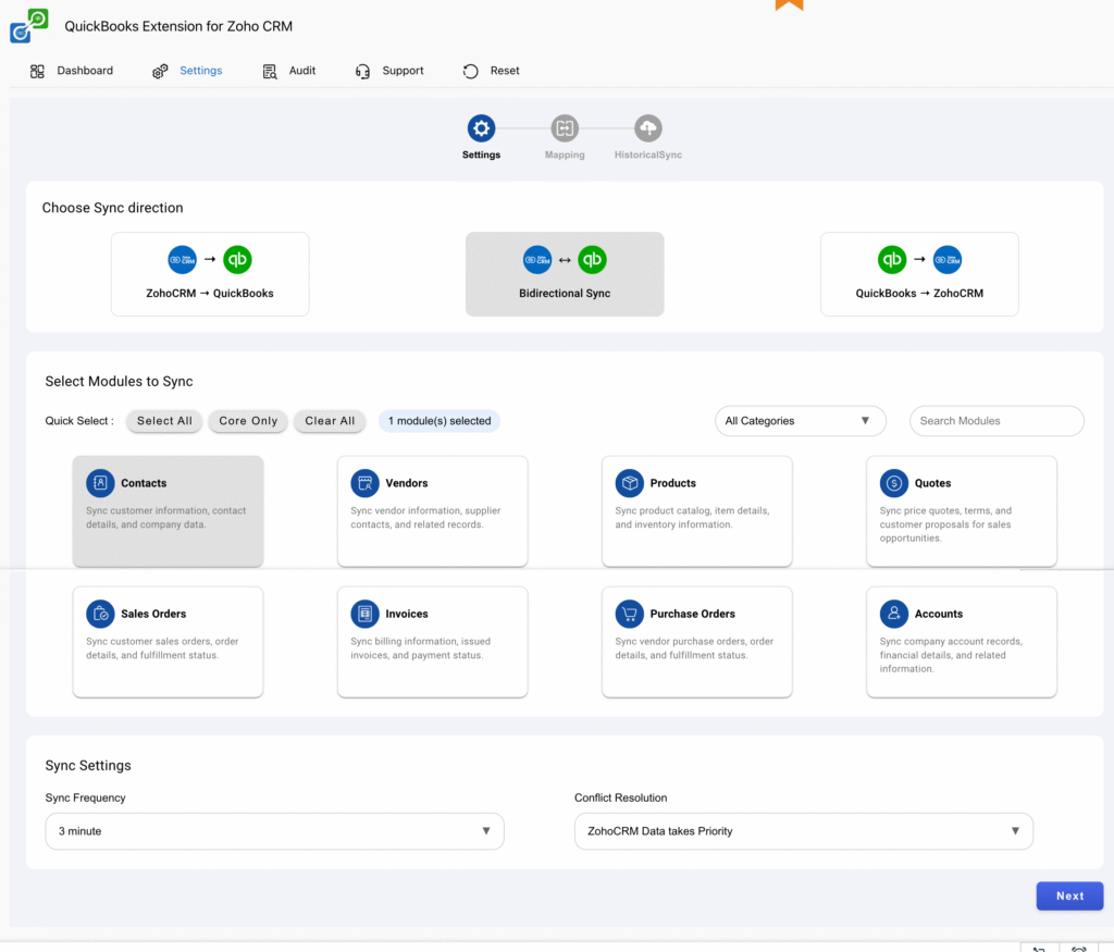 Zoho QuickBooks Extension 1 Zoho QB extension Settings