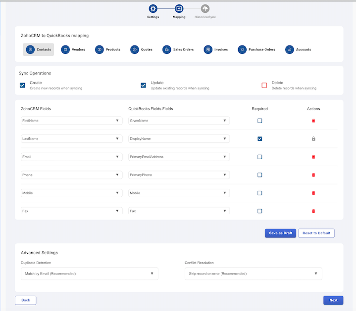 Zoho QuickBooks Extension 2 Zoho QB integration Mapping