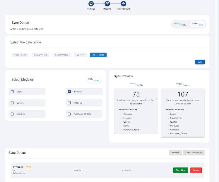 Xero Zoho CRM Integration: Getting Started 3 Zoho Xero integration- Historical Sync