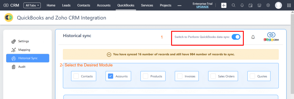 Zoho QB- Select sync direction and modules in historical sync
