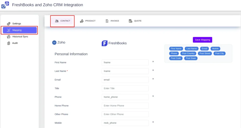 FreshBooks and Zoho CRM integration Mapping