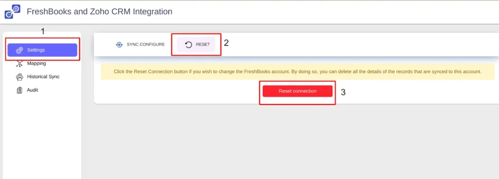 FreshBooks and Zoho CRM integration Reset Connection