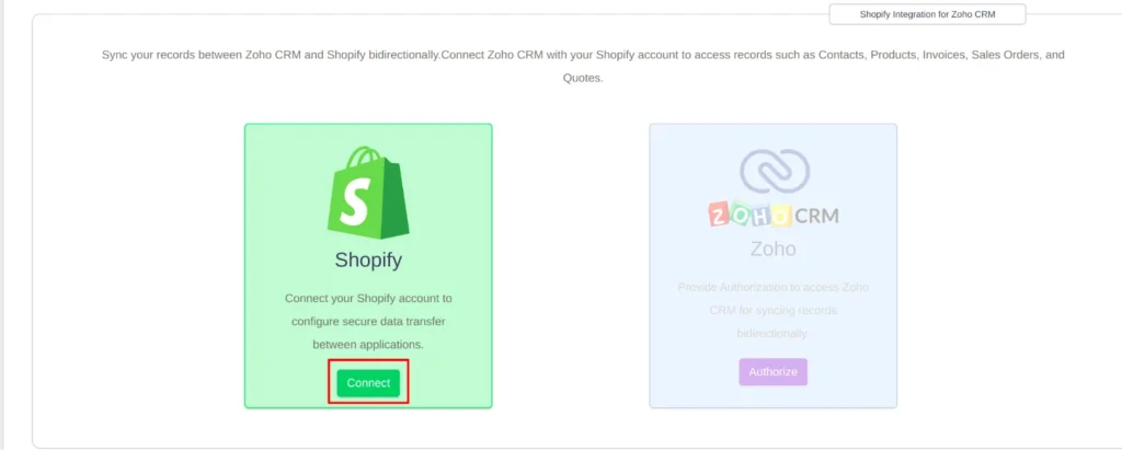Shopify extension for Zoho CRM Connect Shopify Account