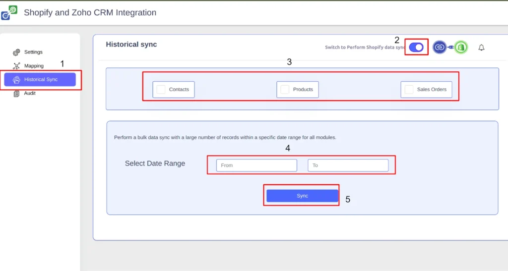 Shopify extension for Zoho CRM Historical sync