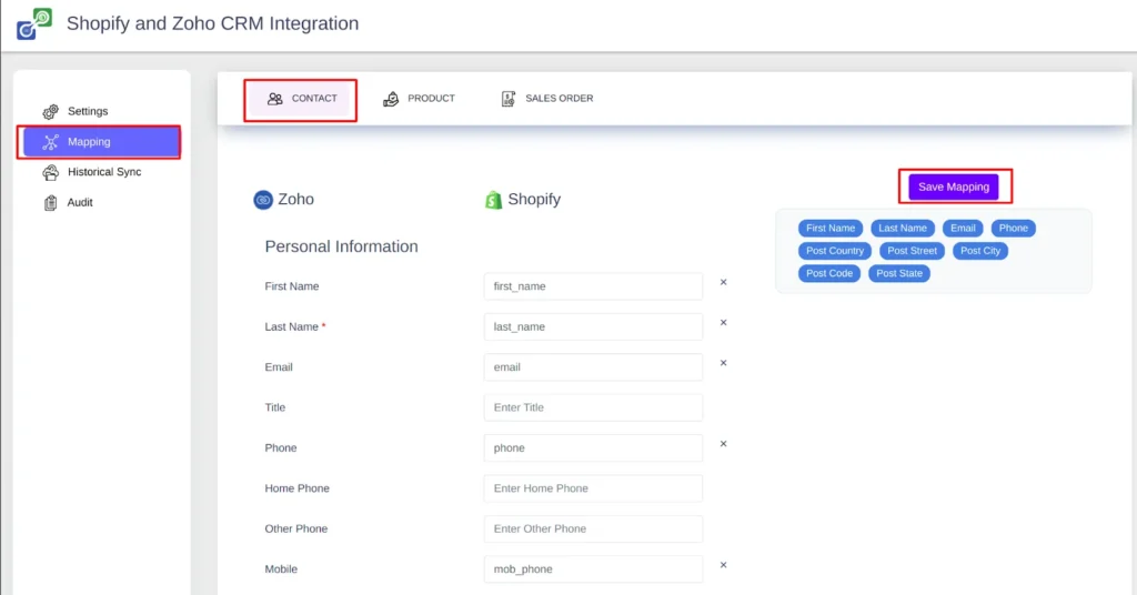 Shopify extension for Zoho CRM Mapping