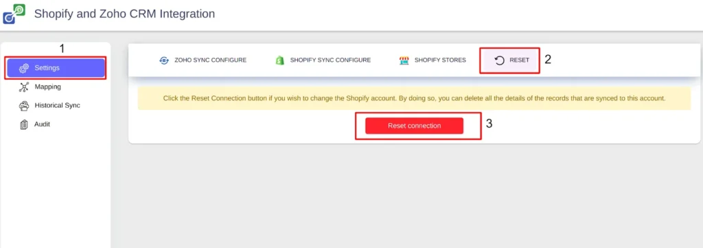 Shopify extension for Zoho CRM Reset Connection