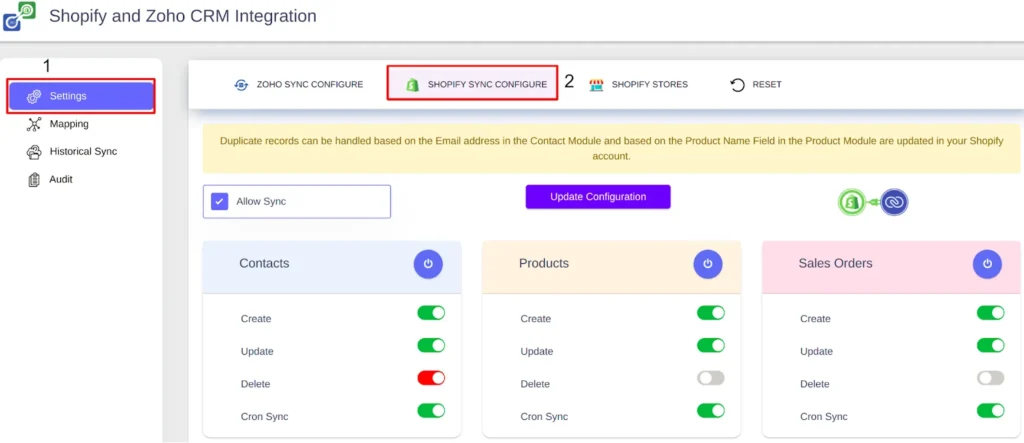 Shopify extension for Zoho CRM Shopify sync Configure