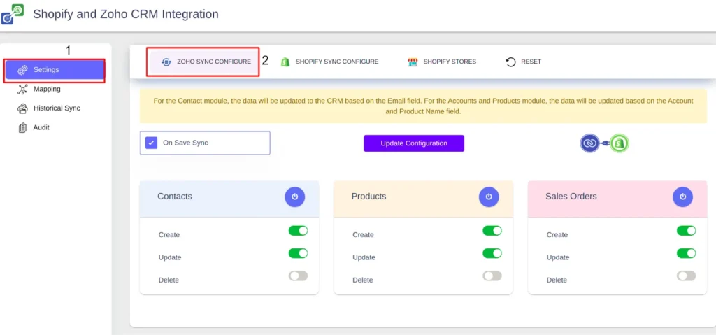 Shopify extension for Zoho CRM Zoho Sync Configure