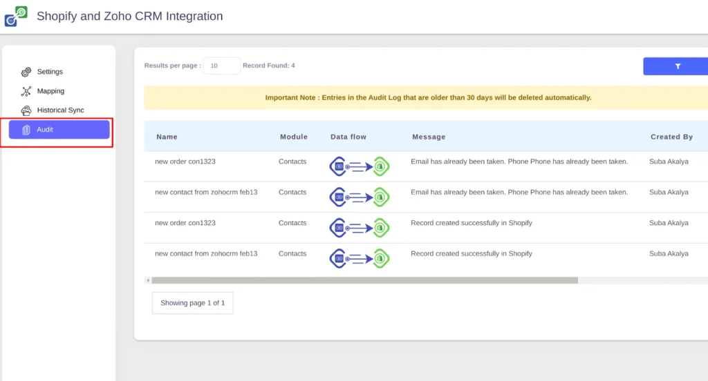 Shopify integration for Zoho CRM Audit logs