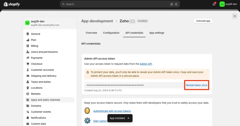 Shopify token Reveal token once