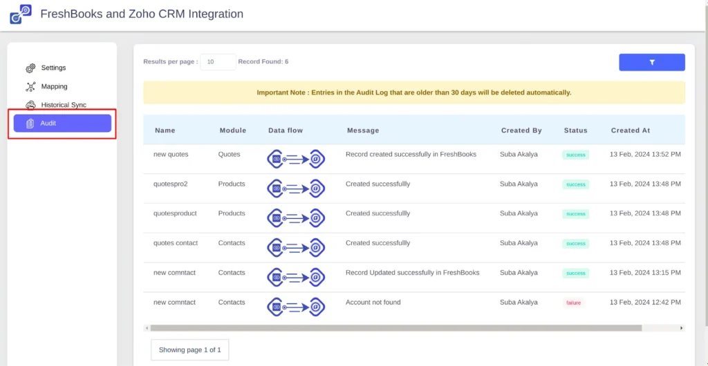 Zoho CRM and FreshBooks integration Audit Page
