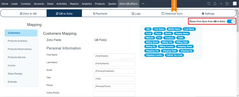 enable cron sync qb to zoho crm