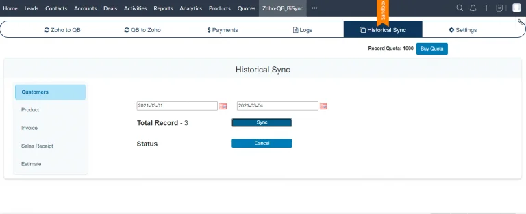 historical sync zoho quickbook