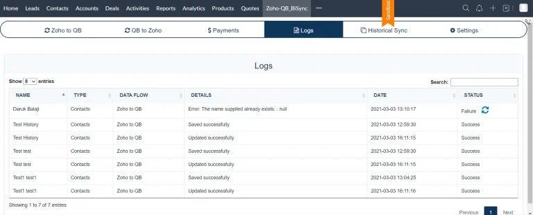 zoho quickbooks log