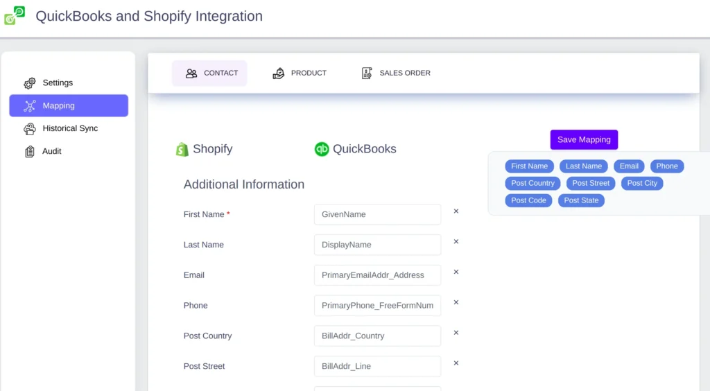 Shopify and QuickBooks Mapping