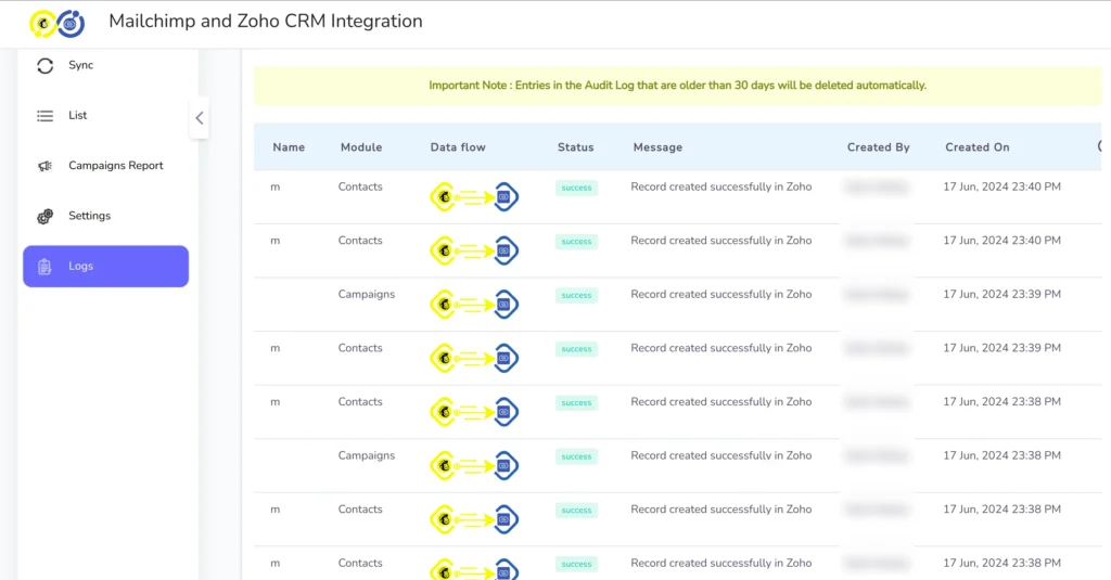 Zoho CRM Mailchimp Extension Logs