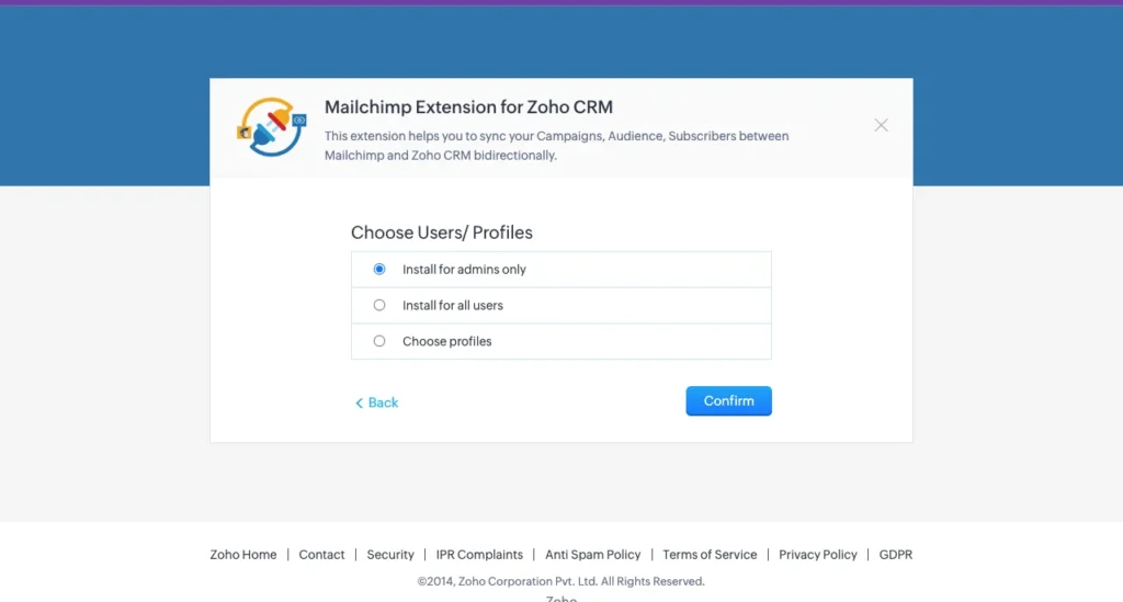 Zoho Mailchimp Choose User profile