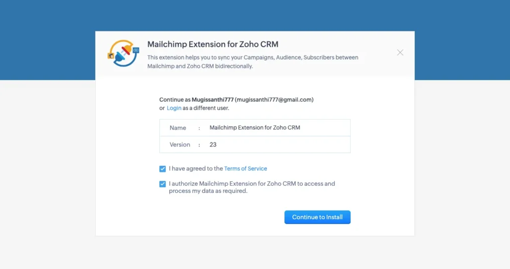 Zoho Mailchimp Continue to Install