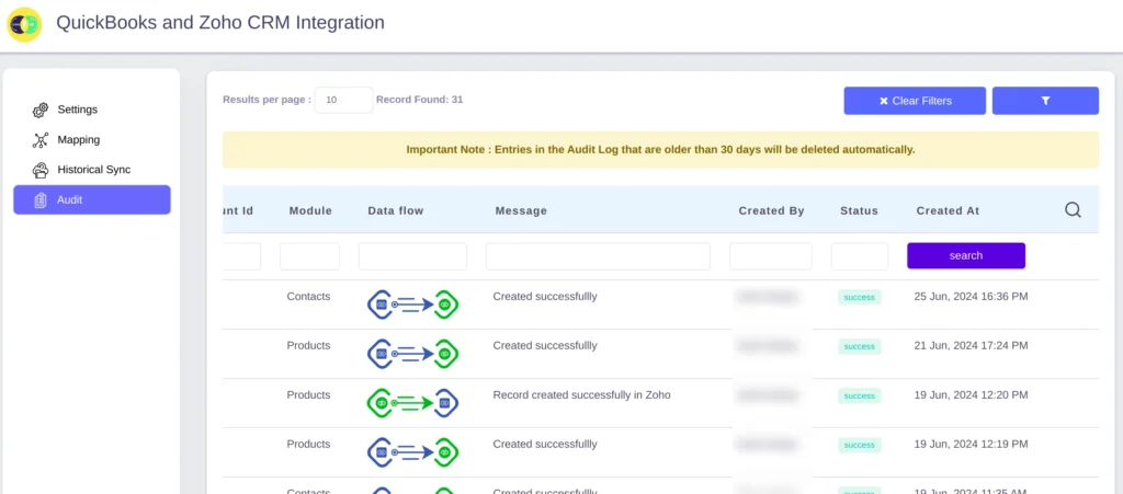 Zoho QB Audit Logs