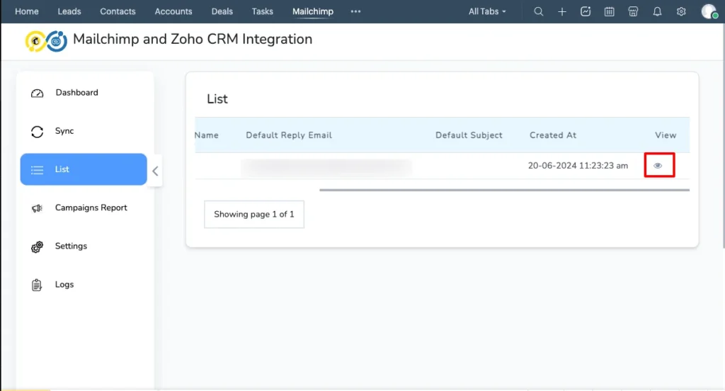 Zoho Mailchimp List view Eye icon