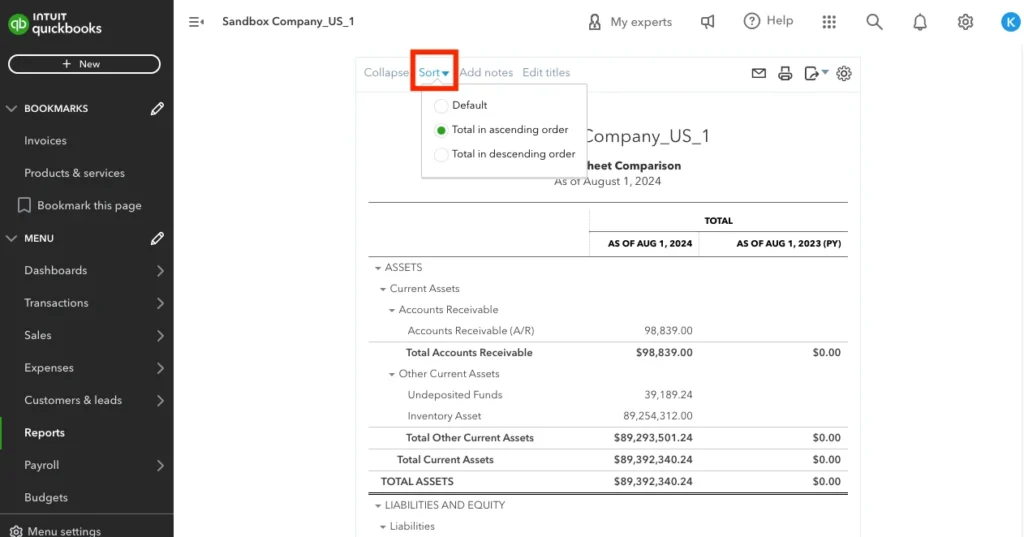 Advanced reporting Sorting