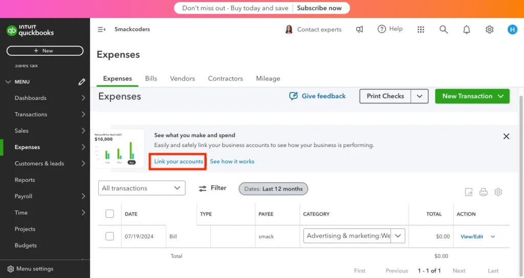 Automate invoice Expenses Link account 1