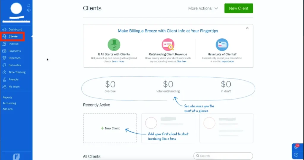 FreshBooks Client Onboarding screen