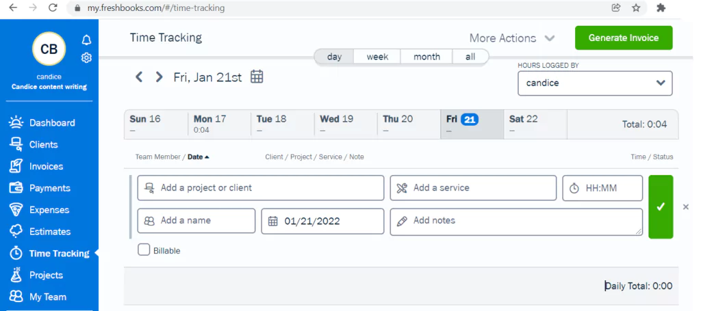 FreshBooks Time tracking features