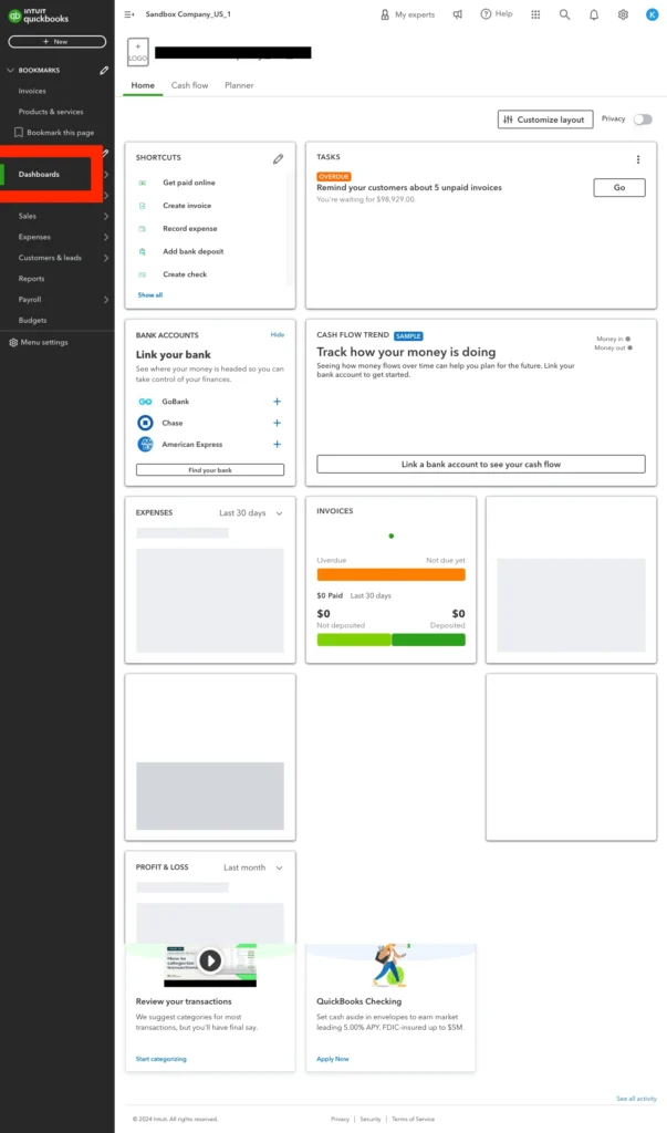 QuickBooks Tips QuickBooks dashboard Interface