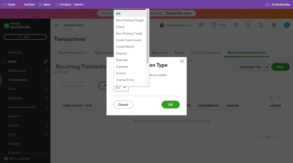 QuickBooks Tips Types of Recurring Transactions