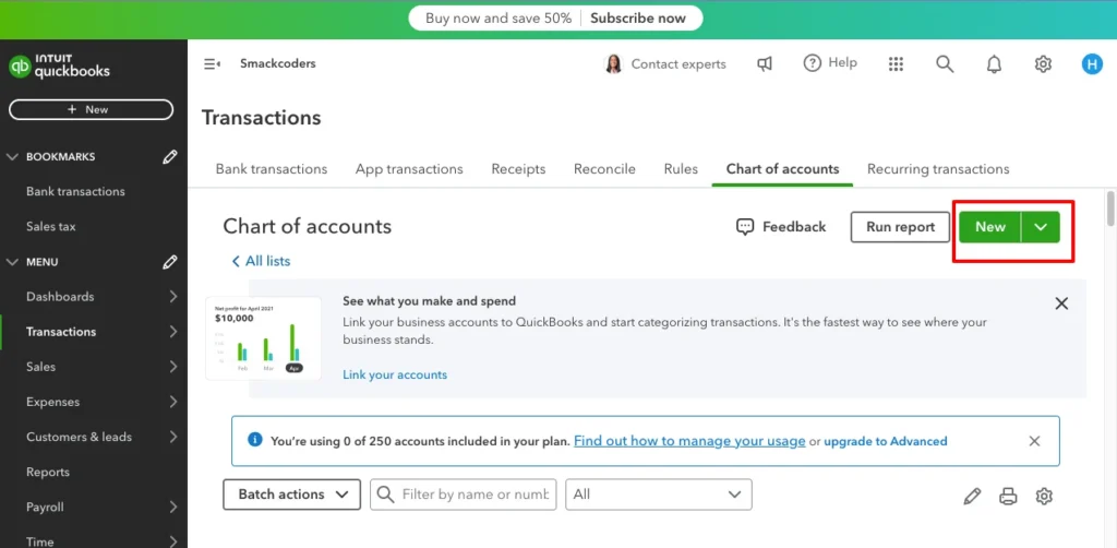 QuickBooks tips Create new chart of account