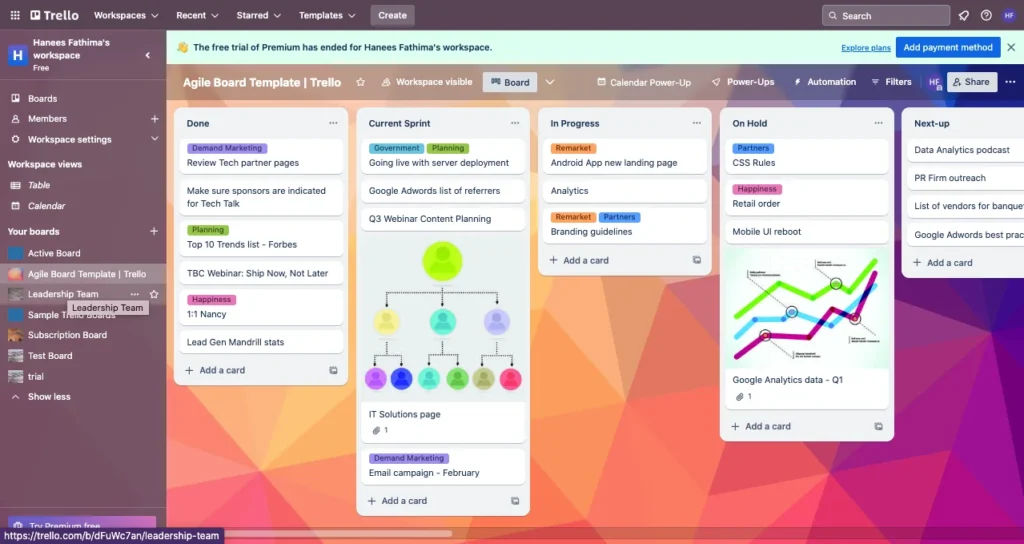 Trello Agile Board template Column setup example