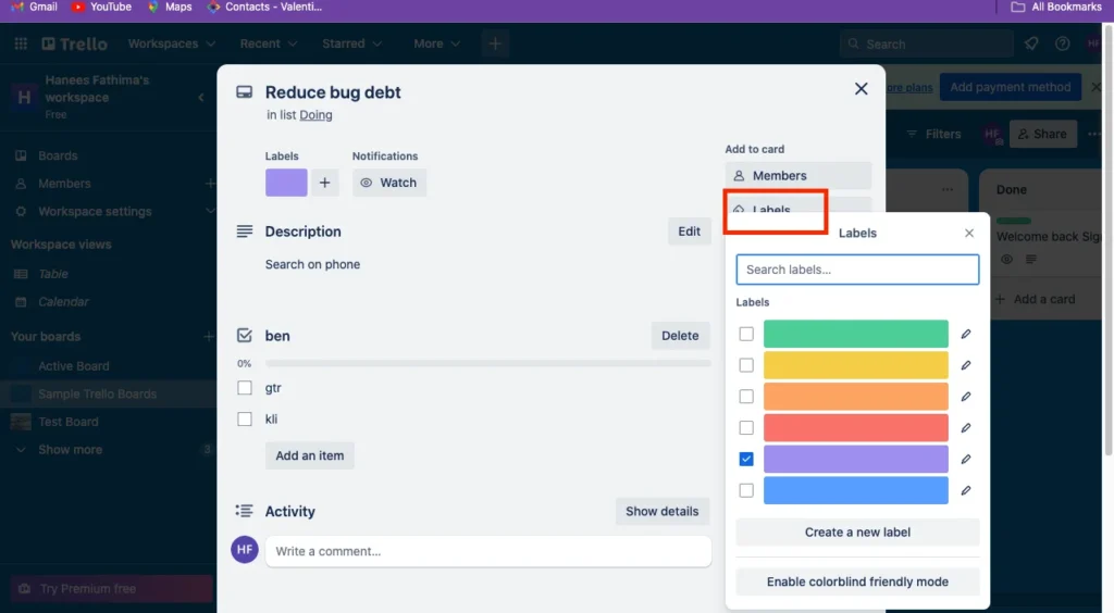 Trello Agile project Management Add Labels