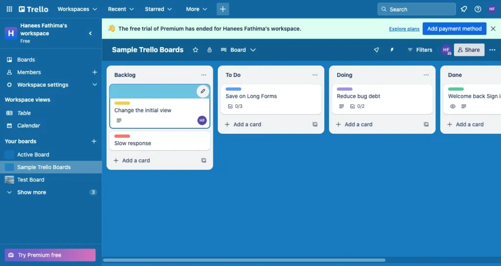 Trello Agile project management Column Setup