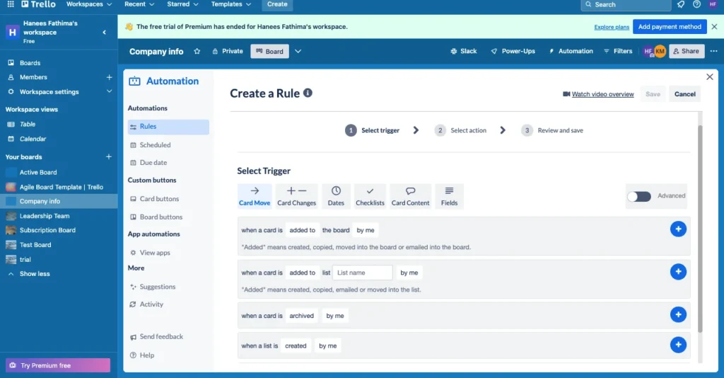 Trello- Create a rule- Automation