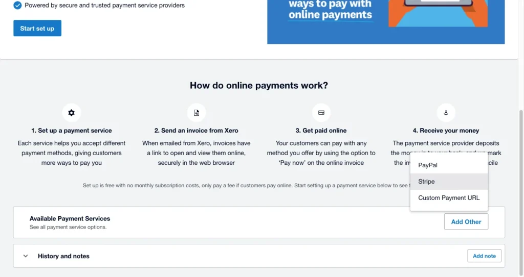 Xero Available payment services