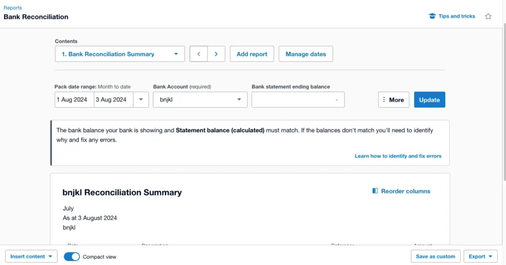 Xero Bank reconciliation summary