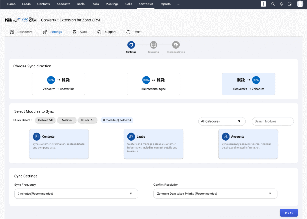 Kit extension for zoho crm settings