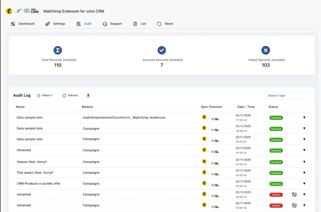 mailchimp-zoho-crm-audit-log-sync-status