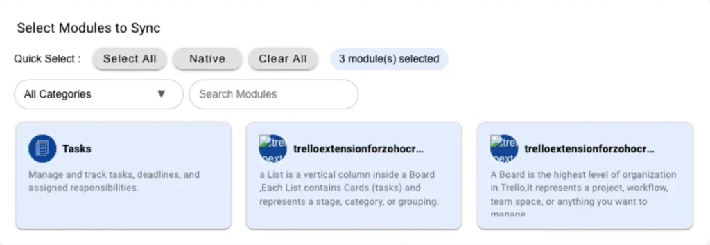 Trello Integration for Zoho CRM 3 select-modules-to-sync-trello-zoho-crm