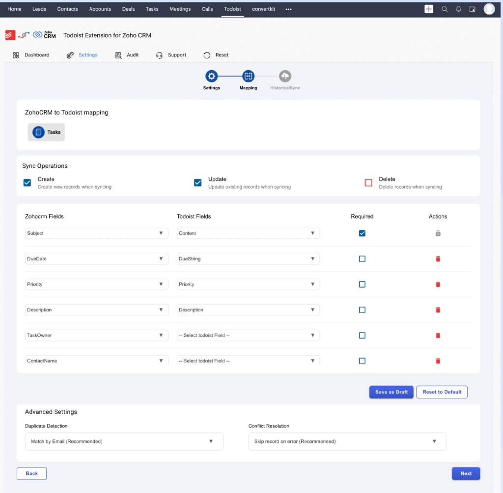 Todoist Extension for Zoho CRM 3 todoist extension for zoho crm Mapping 2
