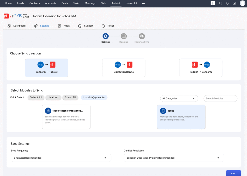 Todoist Extension for Zoho CRM 2 todoist extension for zoho crm Settings