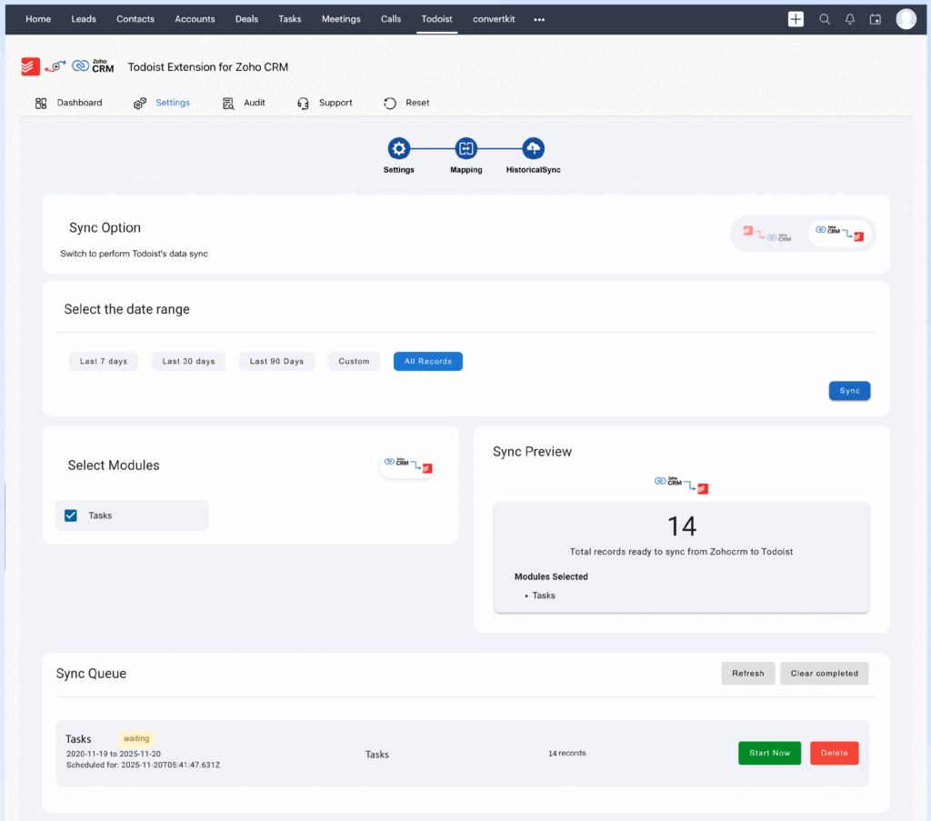 Todoist Extension for Zoho CRM 4 todoist extension for zoho crm historical sync 1