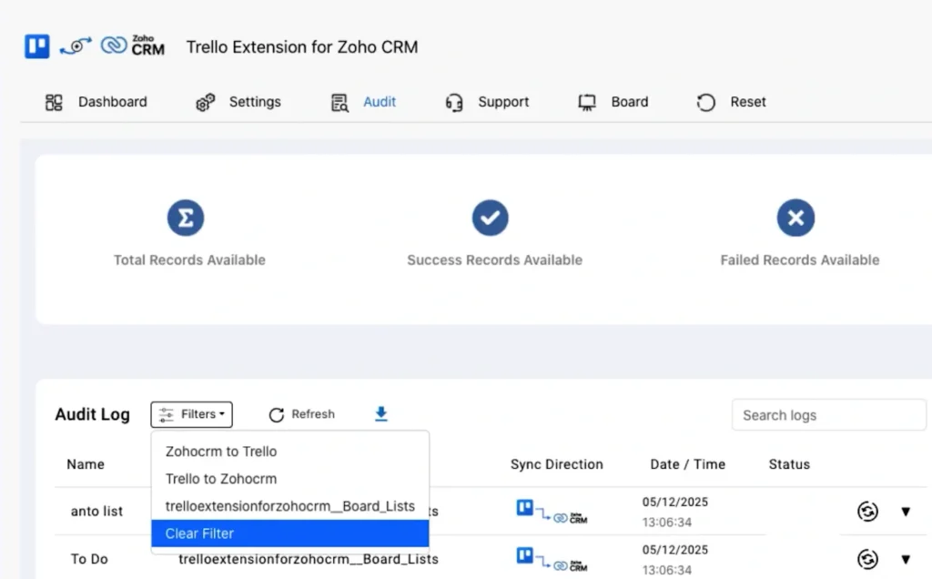 Trello Integration for Zoho CRM 12 trello-zoho-crm-audit-log-filters-search